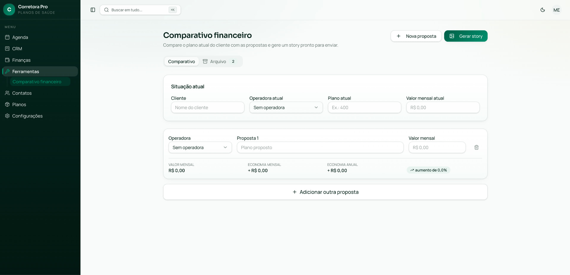 Comparativo financeiro do sistema Corretora Pro desenvolvido para a Barreto e Schesari