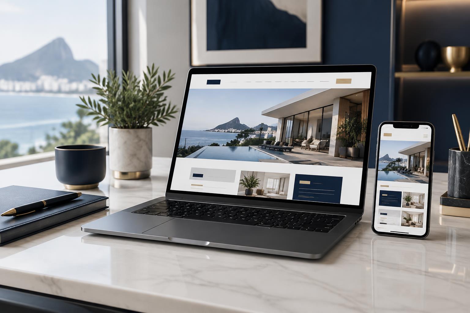 Site profissional exibido em computador e celular
