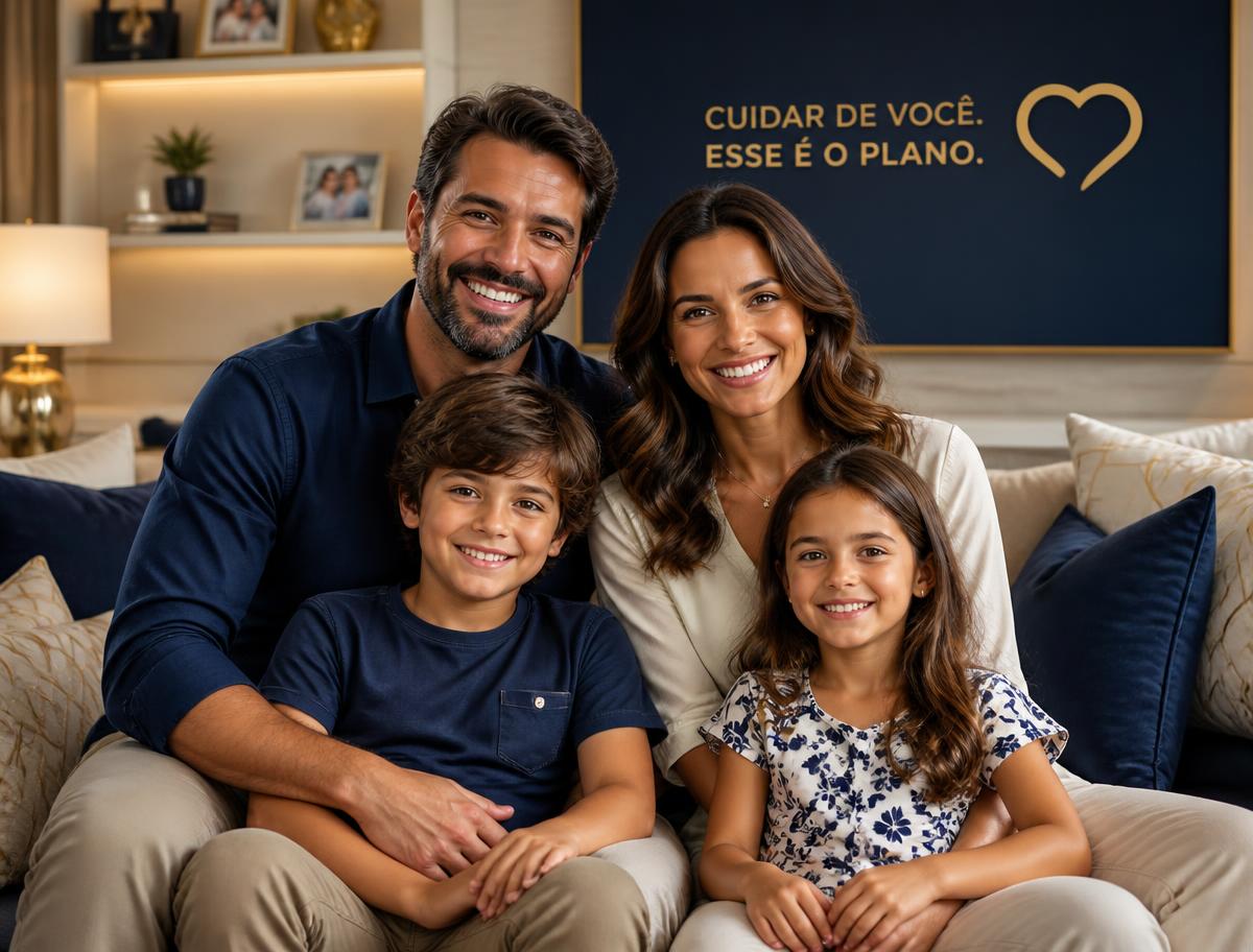Família sorrindo em casa, representando a proteção do plano de saúde empresarial via CNPJ