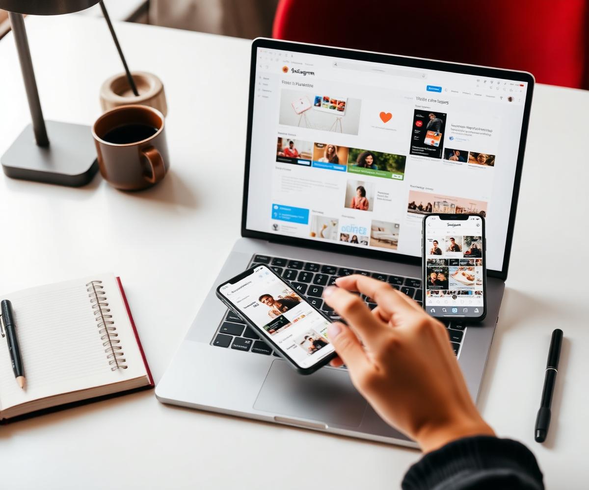 Profissional de marketing acompanhando campanhas de redes sociais no notebook e no celular