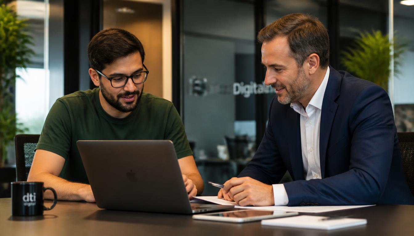 Consultor da Trey Tech e cliente em reunião de planejamento de sistema personalizado