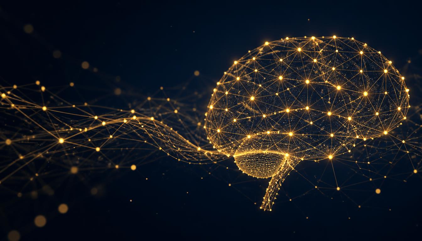 Visualização abstrata de inteligência artificial com rede neural dourada sobre fundo navy