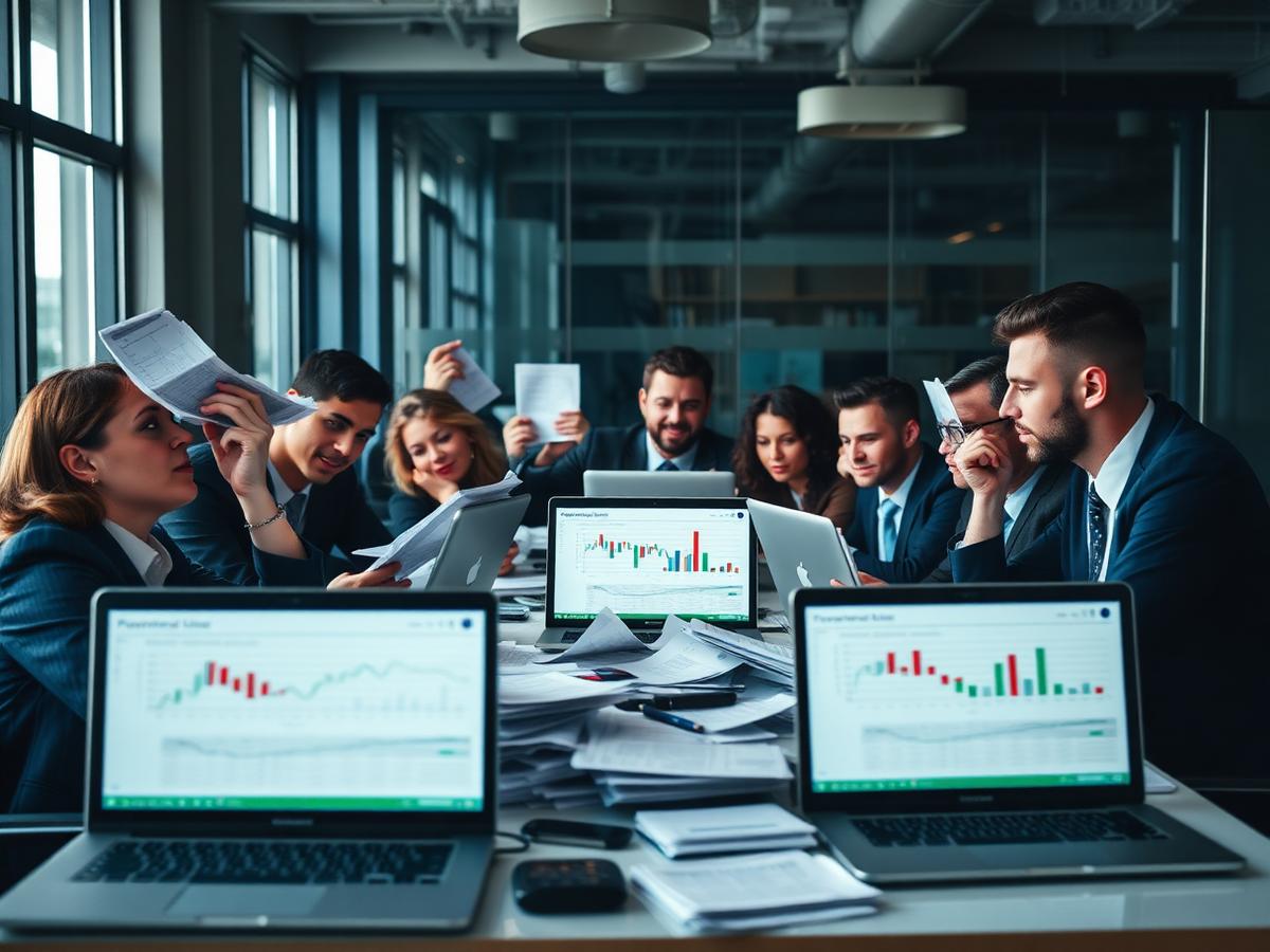 Equipe de empresa lidando com planilhas e controles manuais no escritório